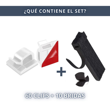 IBRIQO® 60 Clips Adhesivos Blancos Sujeta Cables y 10 Bridas